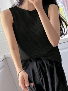 DAZY 女裝夏季純色無袖鬆身針織上衣，圓領款式 - 黑色 - 查看 5
