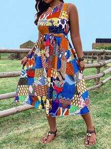 SHEIN Holidaya Plus Size Nữ Phong Cách Kỳ Nghỉ Mùa Hè Chắp Vá In Cổ Tròn Không Tay Thường Ngày - Nhiều màu - Xem 5