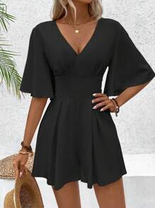 Chiquease Women's Summer V-Neck Solid Color Short Romper With Flare Sleeves And Elastic Waist