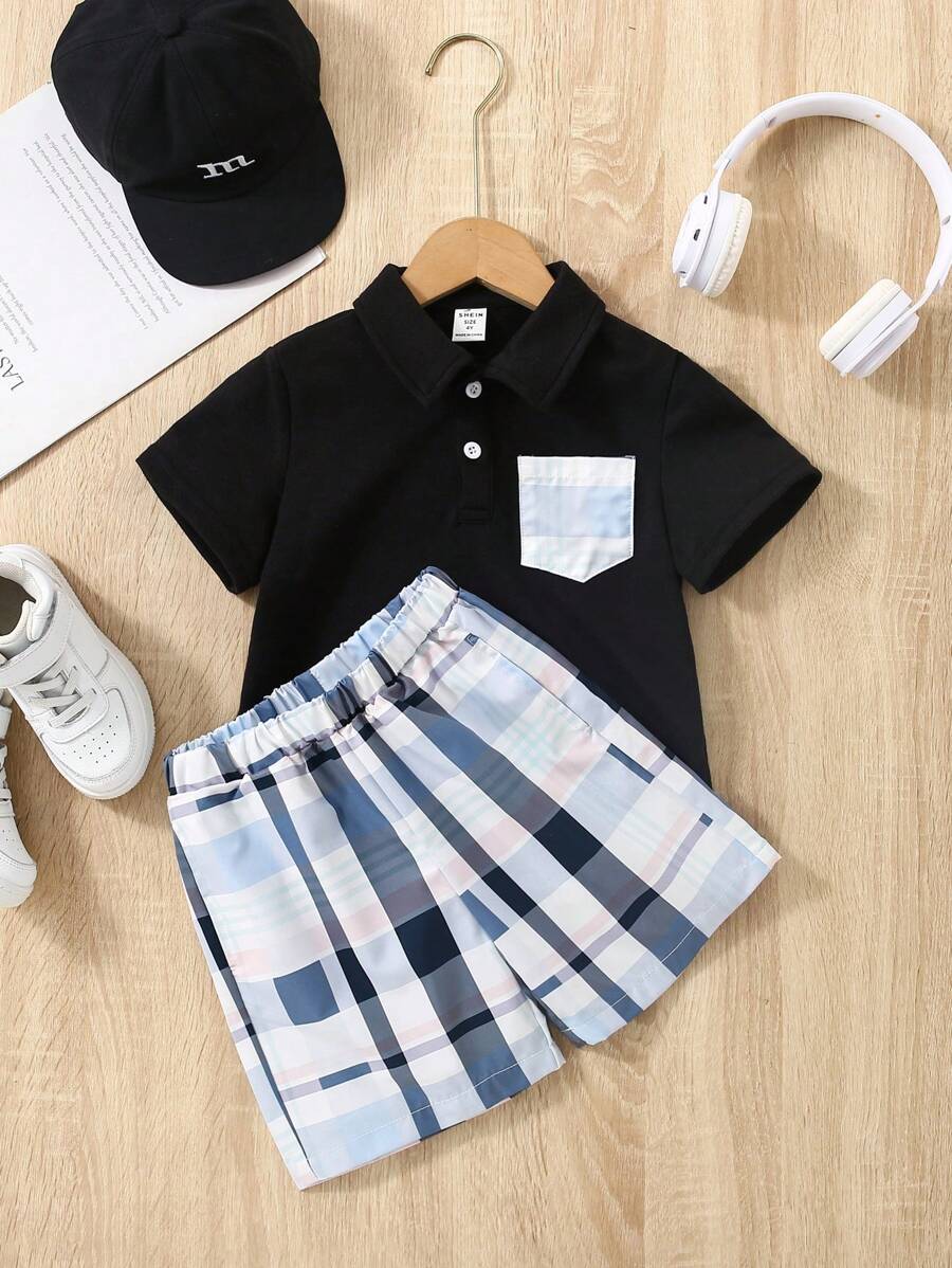 Boys Casual College Comfortable Plaid Patch Pocket Half-Open Shirt Collar Suit