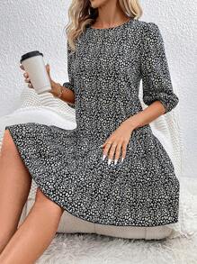 SHEIN LUNE 女士夏季鬆身豹紋印花圓領泡泡袖裙裝，帶襯邊的下擺