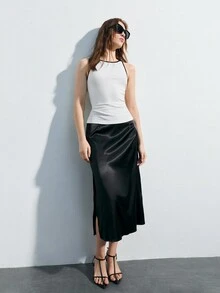 Maija Camiseta de tirantes blanca casul con ajuste ceñido y bloque de color - Blanco y Negro - Ver 9