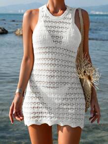 Swim Vcay 夏季沙灘女士假期純色空心針織綁帶露背泳裝遮陽裙 - 白色 - 查看 2
