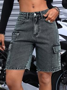 SHEIN EZwear Women Fashionable Distressed Denim Shorts With Pocket Design