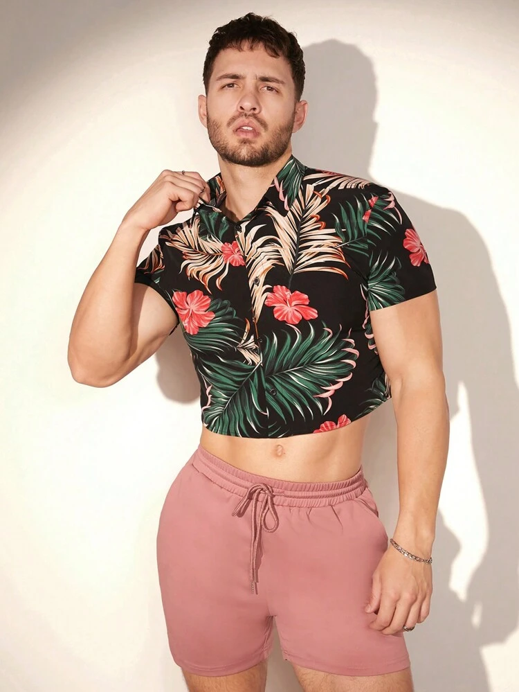 メンズ夏休みトロピカルプリント 半袖シャツとドローストリングウエストショーツセット