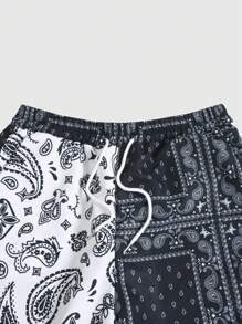 ROMWE MEN Street Life Men Paisley Print Shorts - Black and White - View 5
