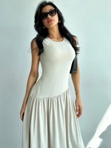 Firerie Vestido largo para mujer sin mangas con cuello redondo y sólido, con pliegues y cinturón en la cintura