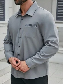 Manfinity Homme قميص رجالي كبير الحجم بأكمام طويلة للربيع والصيف، بأزرار باللون الرمادي الداكن بسيط ويصلح للخروجات والمناسبات غير الرسمية - رمادي غامق - مشاهدة 6
