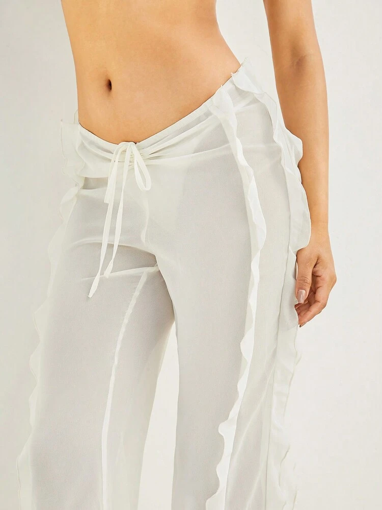 Ruffle Side Drawstring Low Waist Sheer Pants