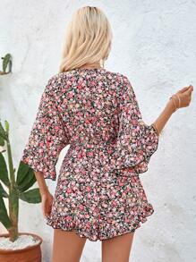 SHEIN VCAY Women Deep V-Neck Belted Ruffle Trim Casual Beach Jumpsuit - Black - View 2