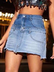 SHEIN BAE Music Festival Vintage Reinvented Double Upcycled Denim Mini Skirt&Stagecoach&Summer Clothes&Festival Outfits&&Beach Women Outfits&Mini Skirt