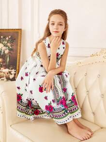 SHEIN Vestito canotta ragazza adolescente con scollo rotondo e motivo floreale carino