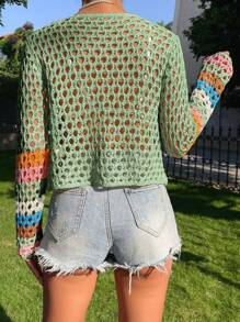 Breezaya Frauen Urlaub Floral gemusterte Cut Out lange Ärmel offen Front lockere Strickjacke