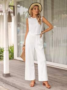 SHEIN LUNE WomenSummerTexturedFashionable Solid Color Sleeveless Textured Top And Pants Set - White - View 1