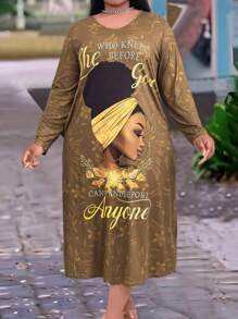 Maweii 大码女式肖像印花连衣裙，配有口袋，超长女装 - 彩色 - 查看 3