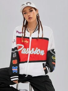 Coolane 1pc Letter Graphic Colourblock Drop Shoulder Striped Trim Varsity Jacket - Multicolor - View 1