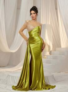 Faeriesty Rhinestone Detail Mock Neck Contrast Mesh Satin Formal Dress Elegant Long Sleeve Prom Evening Wedding Guest Gown, For Graduation, Dinner