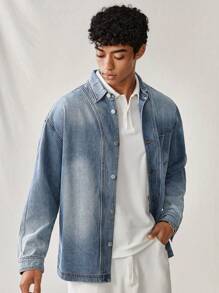 Manfinity Hypemode Camisa casual de mezclilla azul claro suelta para hombre, manga larga, para uso al aire libre en primavera