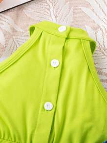 Infant Girls' Street Style Spaghetti Strap Jumpsuit With Denim Vest Set For Summer - Green - View 7