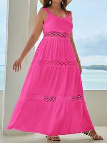 SHEIN VCAY 大尺碼純色簡約假期風格細肩帶連身裙，適用於春季/夏季 - 玫紅色 - 查看 1