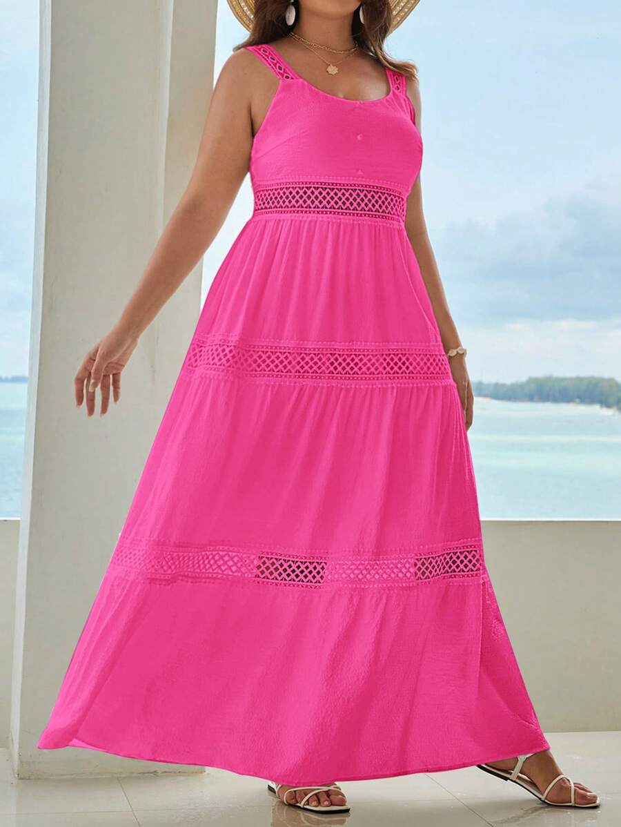 SHEIN VCAY 大尺碼純色簡約假期風格細肩帶連身裙，適用於春季/夏季 - 玫紅色 - 查看 1