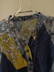 SHEIN LUNE Plus Size All-Over Printed Notch Neck Short Sleeved Shirt And Long Pants Two Pieces Set, Suitable For Summer