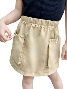 SHEIN 年輕女孩夏季口袋束腰休閒裙，適合夏季日常或戶外活動 - 卡其色 - 查看 5