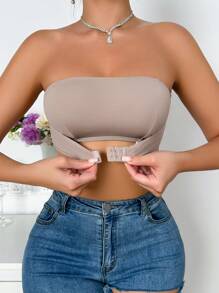 Solid Color Tube Top Seamless Comfortable Front Buckle Bra Strapless Bra - Apricot - View 4