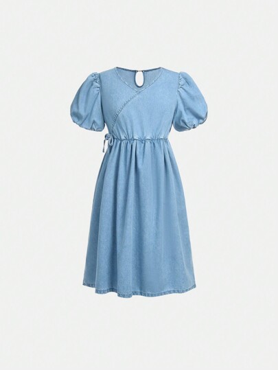 Robe en denim en lyocell souple lavé clair pour jeune fille avec manches bouffantes