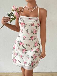 SHEIN VCAY Váy dây đeo spaghetti xếp li in hoa phong cách kỳ nghỉ hè cho nữ - Màu be - Xem 2
