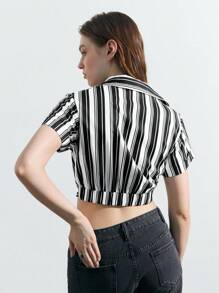 Maija 條紋扭結前扣短袖襯衫 - 彩色 - 查看 2