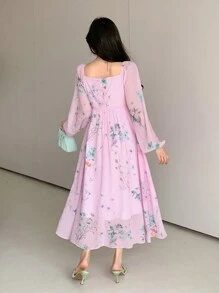 DAZY Robe d'été casual à manches lanternes imprimée de fleurs, col carré, volants