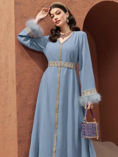 Al Najma Turkish Style Long Dress With V-Neck, Contrast Belt, Fluffy Cuffs And Leather Patchwork, Modest Kaftan