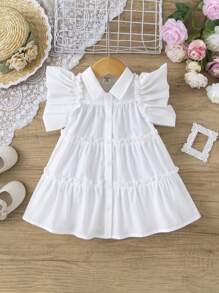 寶貝女孩夏季短袖荷葉邊層疊下擺公主裙 - 白色 - 查看 1