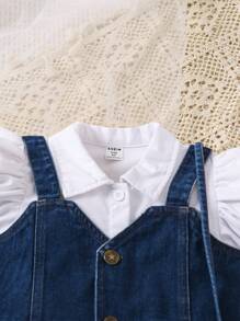 SHEIN Vintaside Kids Young Girl Summer Solid Color Short Puff Sleeve Shirt Dress And Camisole Vest Casual Two-Piece Set