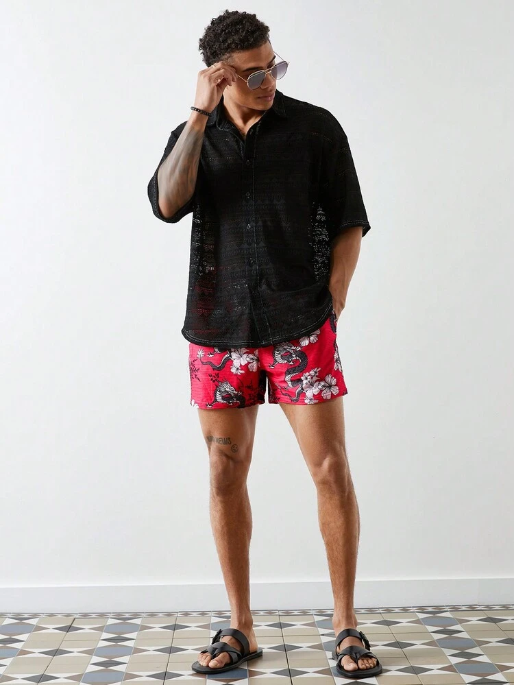 Men's Beach Shorts With Dragon Pattern Printed In Red