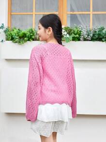 Tween Girl Cover Up Loose Hollow Out Mesh Open Front Tie-Front Cardigan For Vacation - Pink - View 2