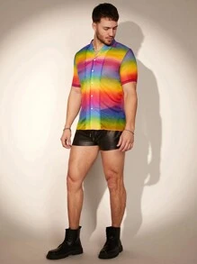 FeverCity Men's Summer Colorful Tie-Dye Short Sleeve See-Through Loose Casual Shirt