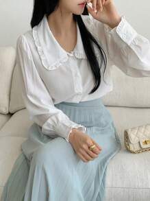 DAZY Peter Pan Collar Loose Fit Open Front Long Sleeve Women Shirt,Long Sleeve Tops Summer