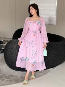 DAZY Robe d'été casual à manches lanternes imprimée de fleurs, col carré, volants