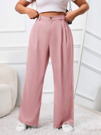 SHEIN EZwear Plus Size Solid Color Button Fabric Pleated Dress Pants Graduation,Back To School,Teacher Outfits For Women In Fall/Winter