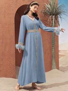 Al Najma Turkish Style Long Dress With V-Neck, Contrast Belt, Fluffy Cuffs And Leather Patchwork, Modest Kaftan