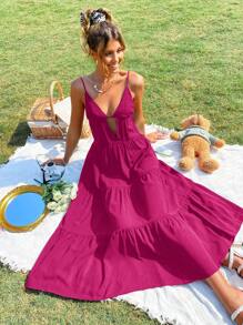 SHEIN VCAY Women Summer Beach Cut Out Front Ruffle Hem Cami Maxi Black Dress - Hot Pink - View 1