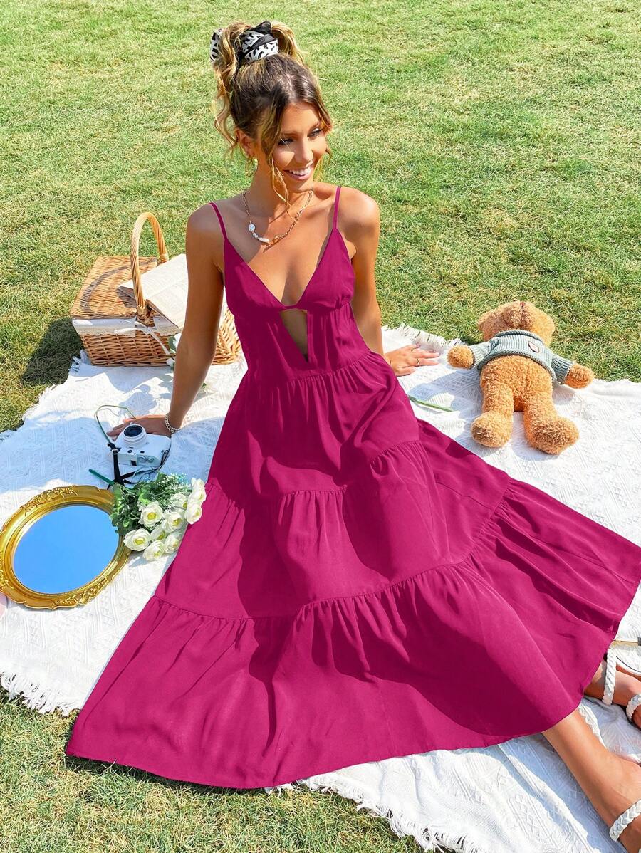 SHEIN VCAY Women Summer Beach Cut Out Front Ruffle Hem Cami Maxi Black Dress - Hot Pink - View 1