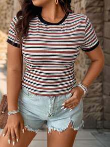 SHEIN Frenchy Plus Size Boho Color-Block Striped Slim-Fit Short Sleeve T-Shirt For Summer - Multicolor - View 6