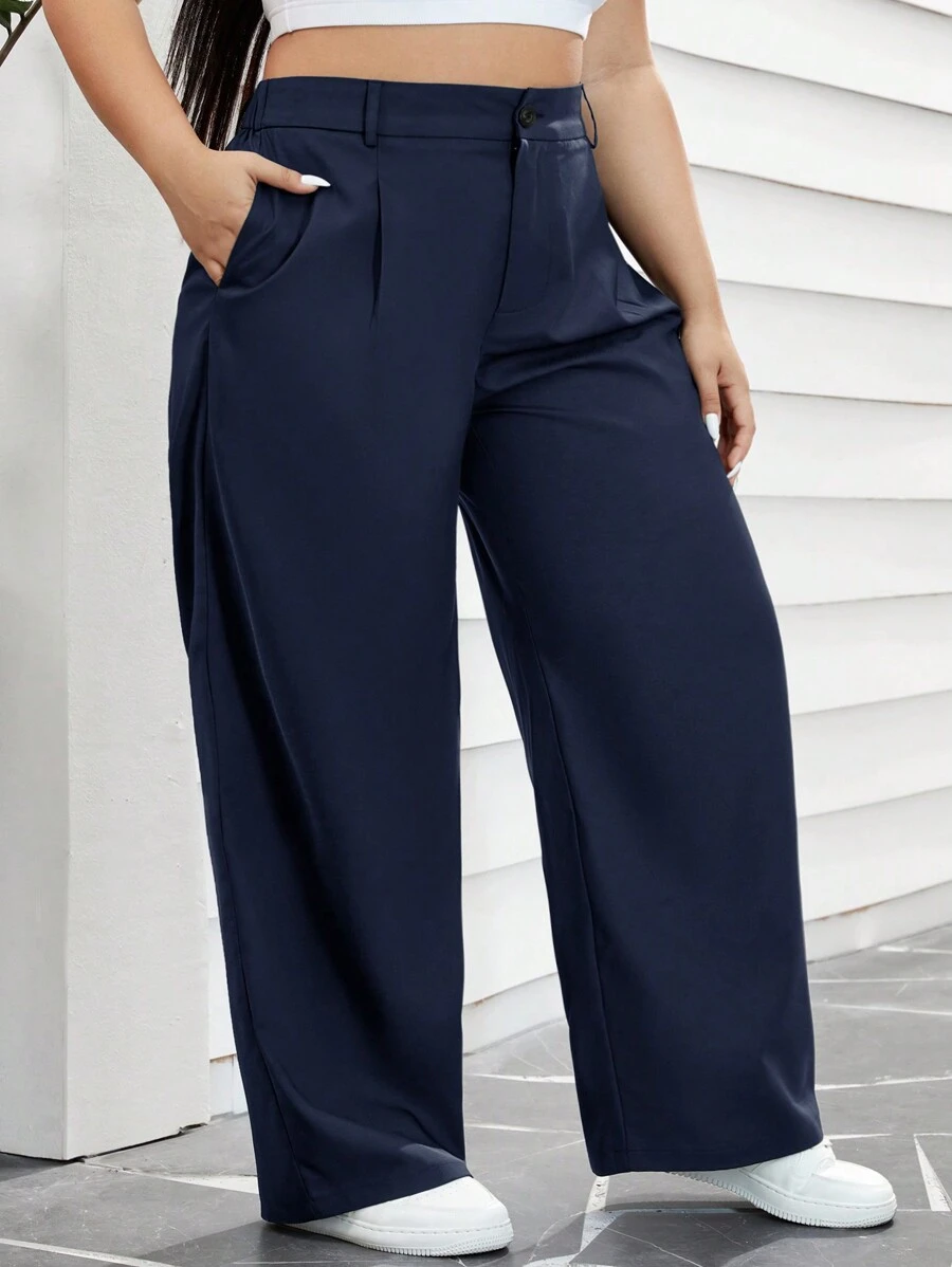SHEIN Essnce Plus Size Women Pleated Pocket Straight Leg Casual Pants For Summer And Work