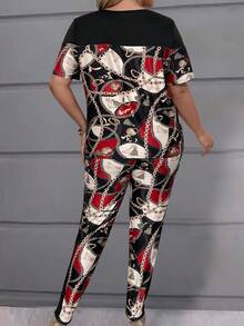 SHEIN LUNE Plus Size Nữ Thường Ngày Mùa Hè Dây Xích In Cổ Tròn Tay Ngắn Và Quần Có Túi - Nhiều màu - Xem 2