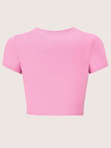 SHEIN EZwear Women Summer Short Sleeve T-Shirt With Slogan Print, Round Neckline, Cropped, Slim Fit - Pink - View 2