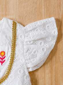 SHEIN 年輕女孩花卉刺繡短袖連衣裙 - 白色 - 查看 6