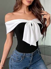 Firerie Women Black And White Off-Shoulder Bodysuit With Large Bowtie